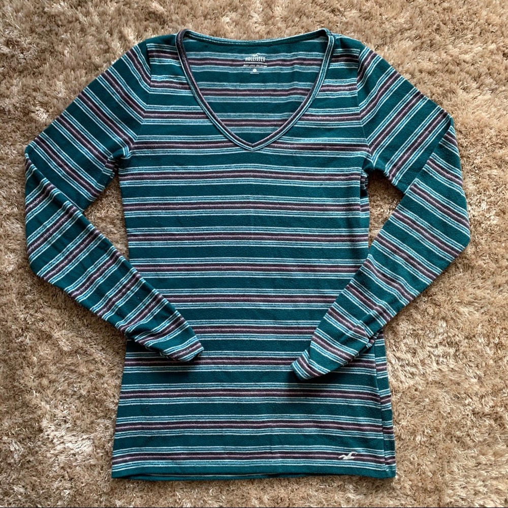 Small Striped Green V-Neck Hollister Long Sleeve